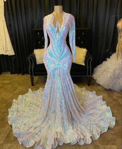 Shimmers V-neck Sequins Appliques Long Sleeve Floor-length Mermaid Prom Dresses