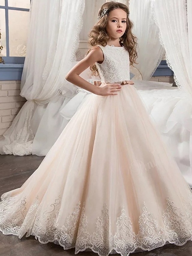 Long A-line Floor Length Tulle Sleeveless Jewel Neck Flower Girl Dresses