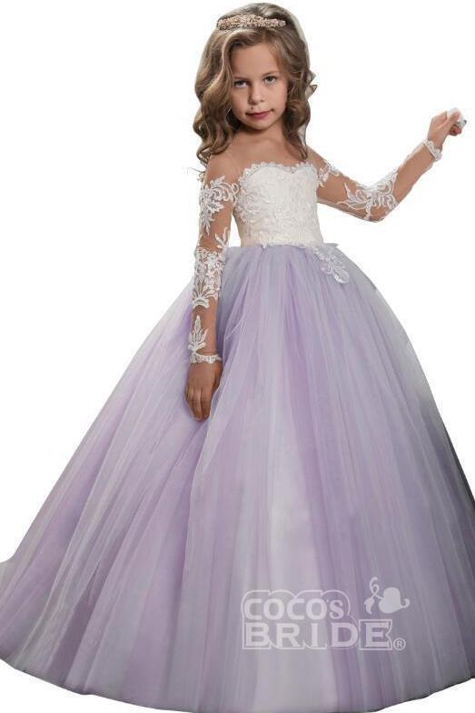 White Scoop Neck Long Sleeves Ball Gown Flower Girls Dress