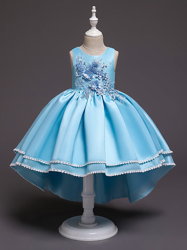 Princess Asymmetrical Wedding / Party / Pageant Flower Girl Dresses - Satin / Tulle Sleeveless Jewel Neck With Lace / Belt / Appliques