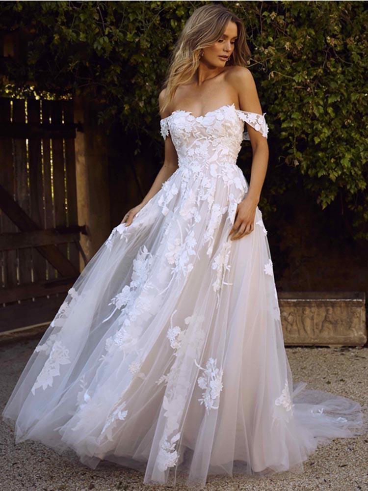 Gorgeous Long Off the Shoulder Open Back Appliques Tulle A-line Wedding Dresses
