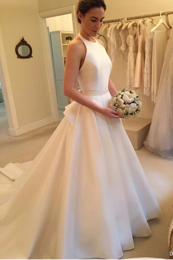 Simple Long A Line Halter Satin Backless Sleeveless Wedding Dress with Bow