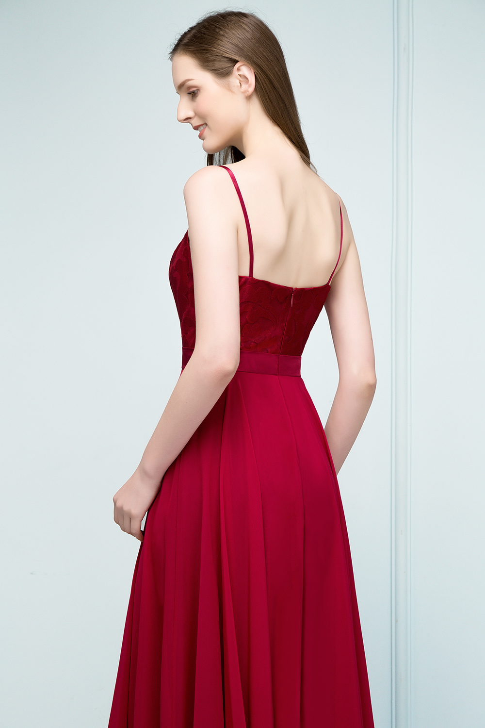 Long Chiffon A-line Lace Burgundy Evening Formal Dress
