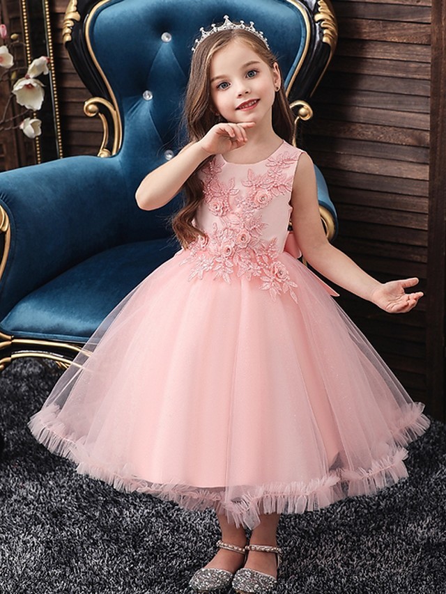 Ball Gown Tulle Sleeveless Jewel Neck Flower Girl Dresses with Appliques Lace