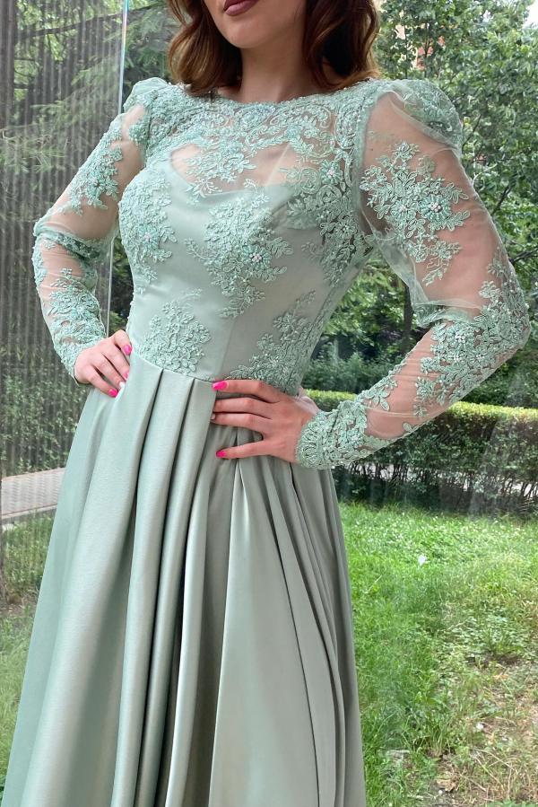 Crew Neck A-Line Long Sleeve Appliques Lace Satin Prom Dress with Slit