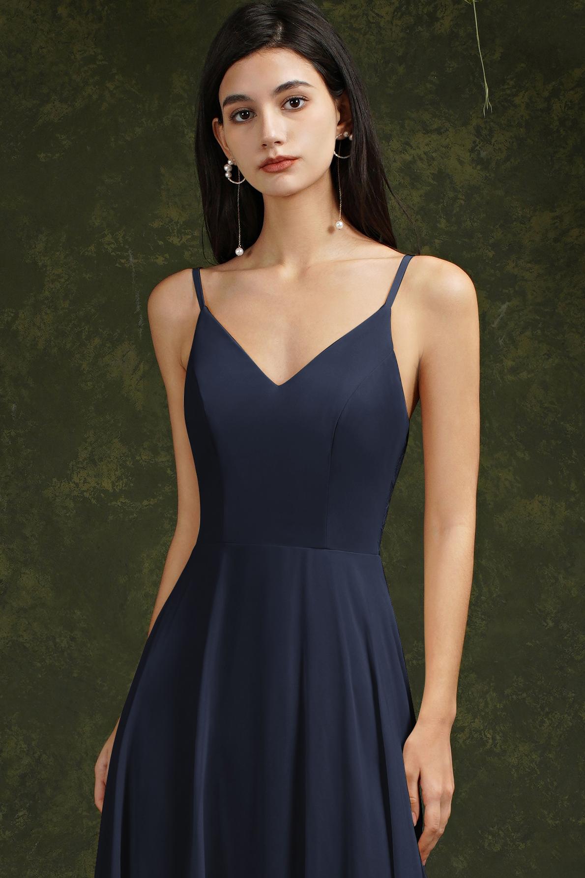 Long A-line Spaghetti Straps V-neck Floor Length Chiffon Formal Evening Dress