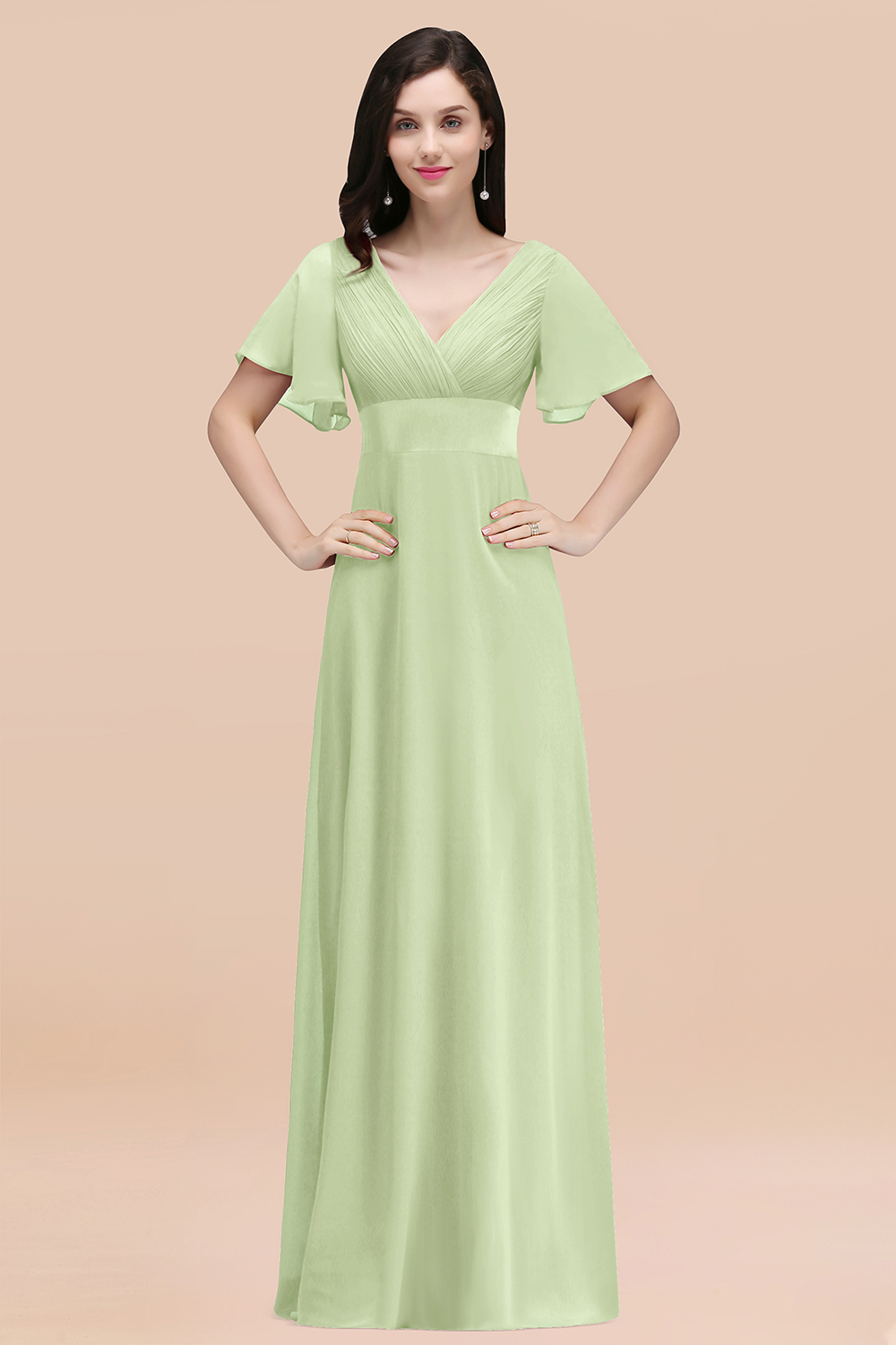 Simple A-Line Chiffon V-Neck Short-Sleeves Ruffles Floor-Length Bridesmaid Dresses