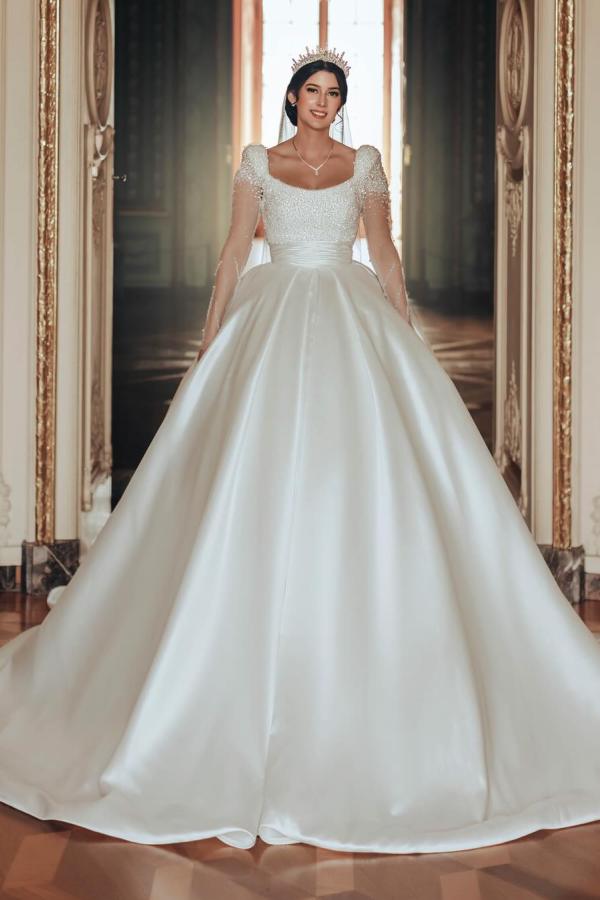 Gorgeous White Long Sleeves Empire Floor length Wedding Dress with Beads