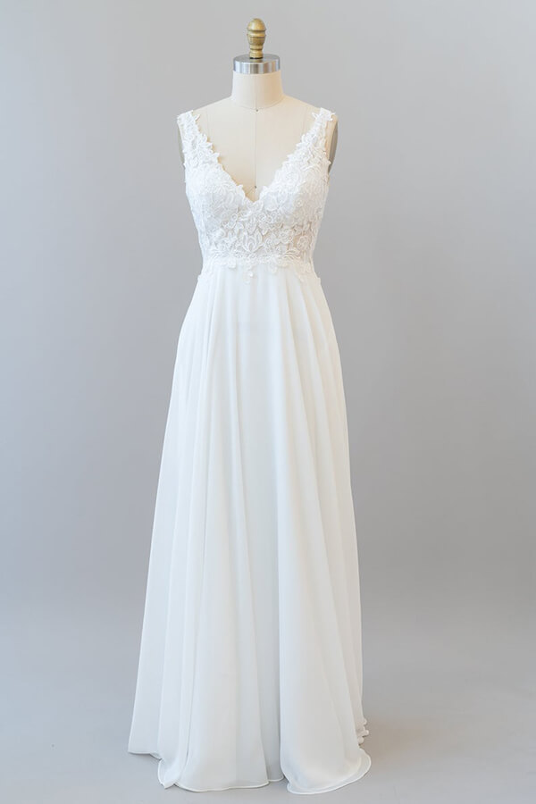 Long V-neck Appliques Lace Chiffon A-line Wedding Dress