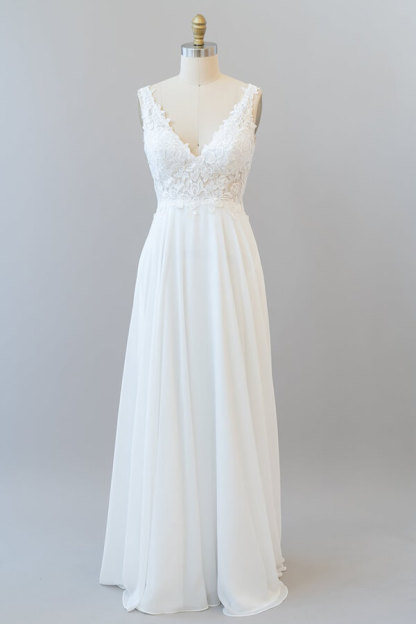 Long V-neck Appliques Lace Chiffon A-line Wedding Dress