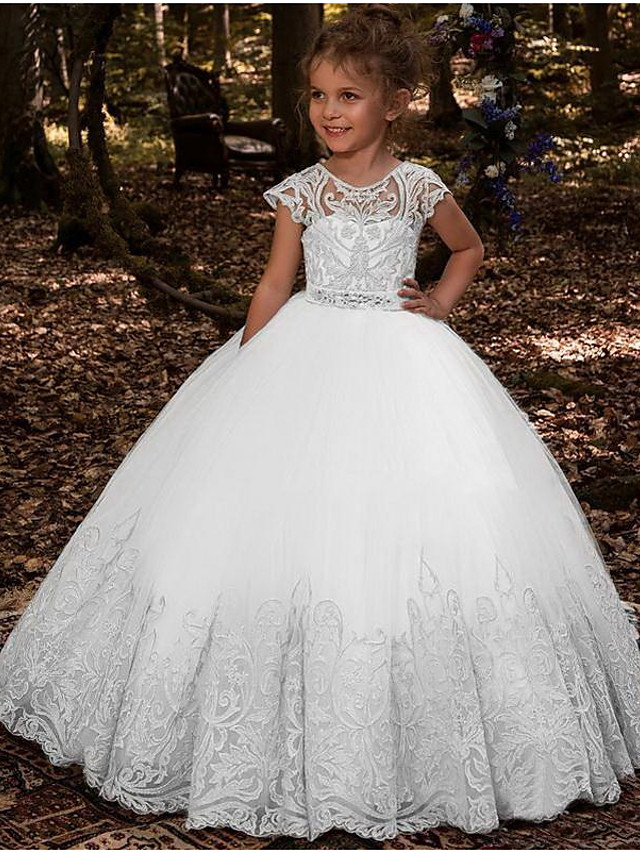 White Long Ball Gown Floor Length Jewel Neck Tulle Lace Flower Girl Dresses