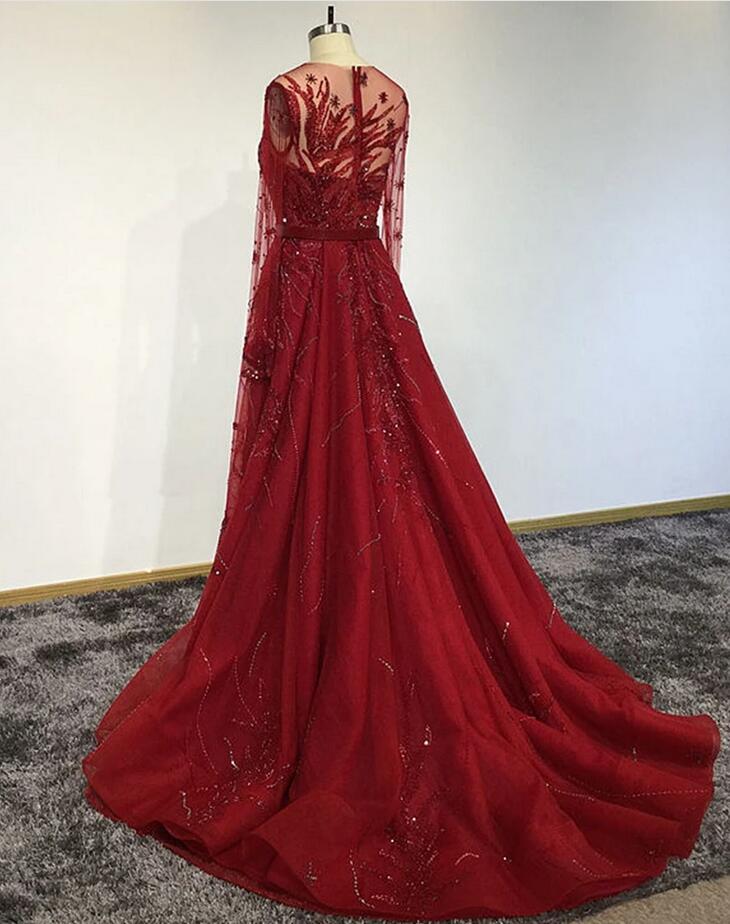 Gorgeous Bateau Long Sleeve Crystal Floor-length Ruffles Tulle A-Line Prom Dress