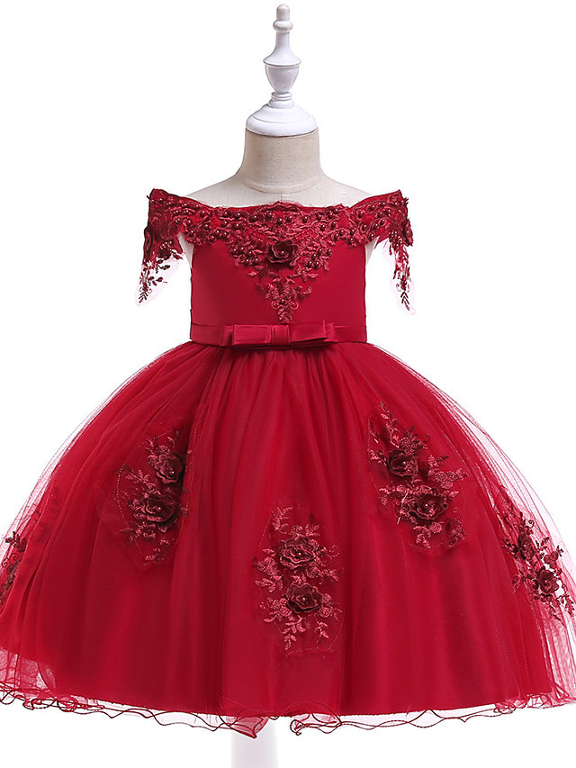 Princess Above Knee Wedding / Party / Pageant Flower Girl Dresses - Satin / Tulle Short Sleeve Off Shoulder With Lace / Beading / Appliques