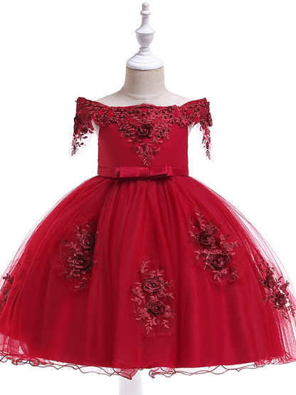 Princess Above Knee Wedding / Party / Pageant Flower Girl Dresses - Satin / Tulle Short Sleeve Off Shoulder With Lace / Beading / Appliques