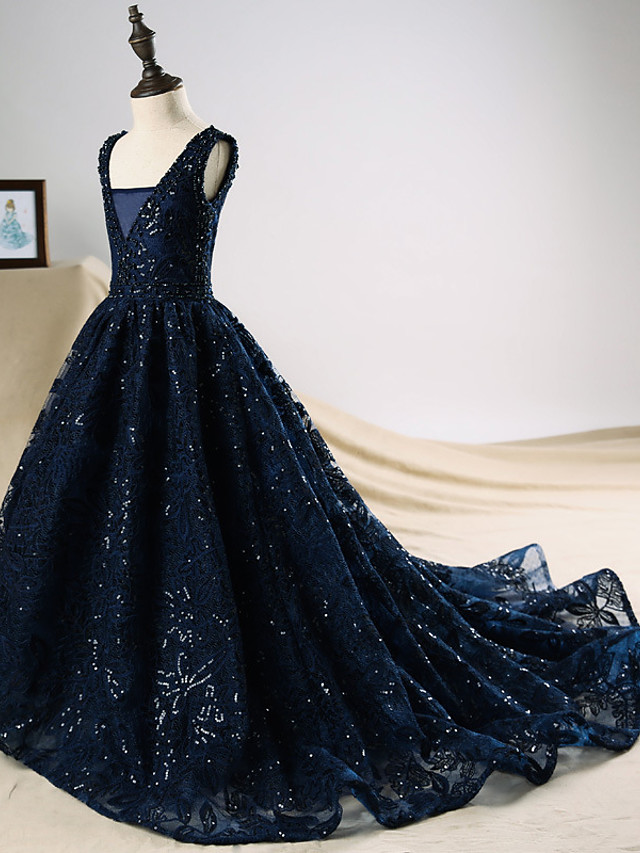 Dark Navy Long A-line Sequin Engagement Party Flower Girl Dresses
