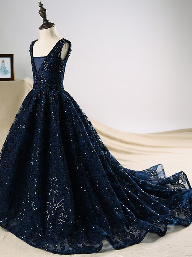 Dark Navy Long A-line Sequin Engagement Party Flower Girl Dresses