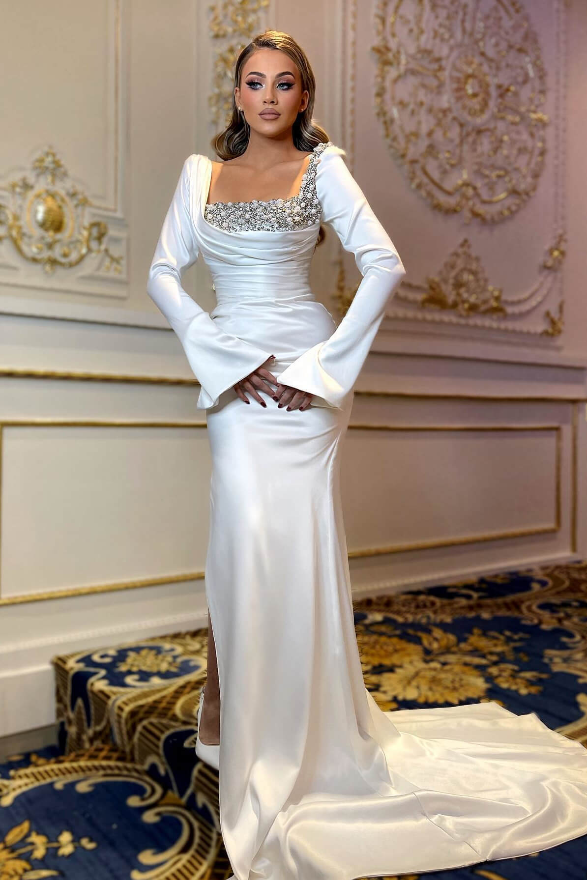 Square Neck Long Sleeve Mermaid White Satin Formal Dress with Beads