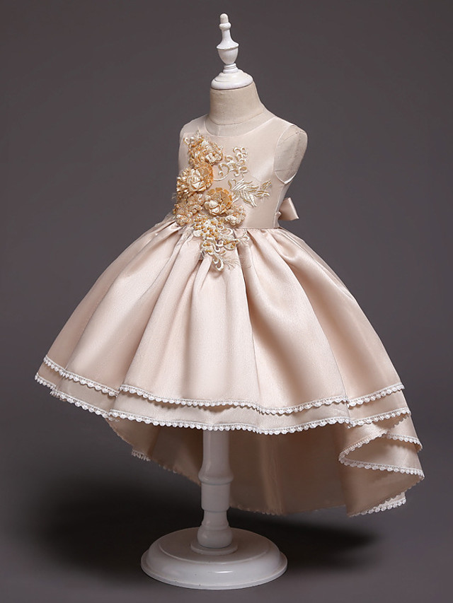 Princess Asymmetrical Wedding / Party / Pageant Flower Girl Dresses - Satin / Tulle Sleeveless Jewel Neck With Lace / Belt / Appliques