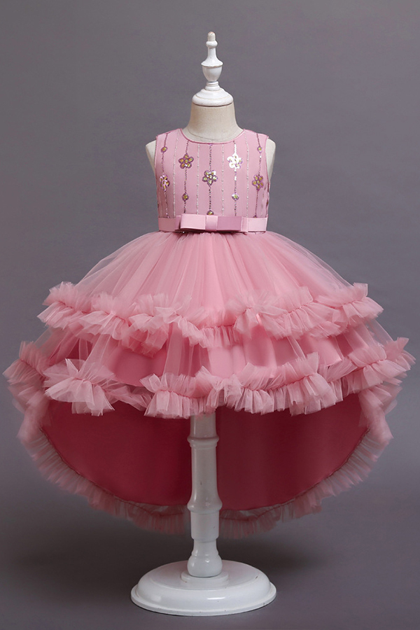 FS9977 Red Belt Tulle Ruffles Flwoer Girl Dress