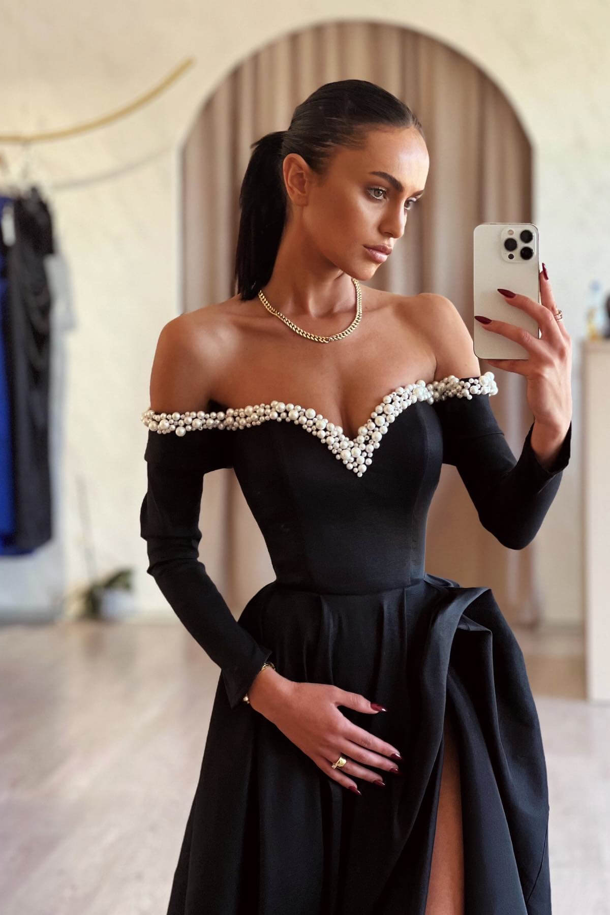 Long Sleeves A-Line Off The Shoulder Beaded Prom Dress with Split Front