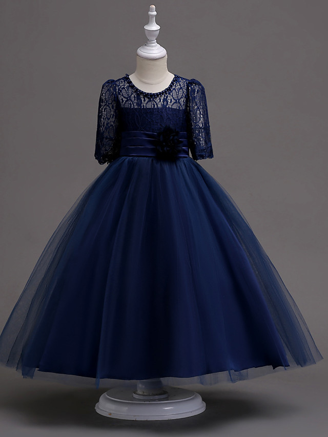 Princess Tea Length Wedding / First Communion Flower Girl Dresses - Lace / Satin / Tulle Half Sleeve Jewel Neck With Lace / Belt / Beading