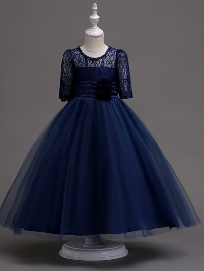 Princess Tea Length Wedding / First Communion Flower Girl Dresses - Lace / Satin / Tulle Half Sleeve Jewel Neck With Lace / Belt / Beading