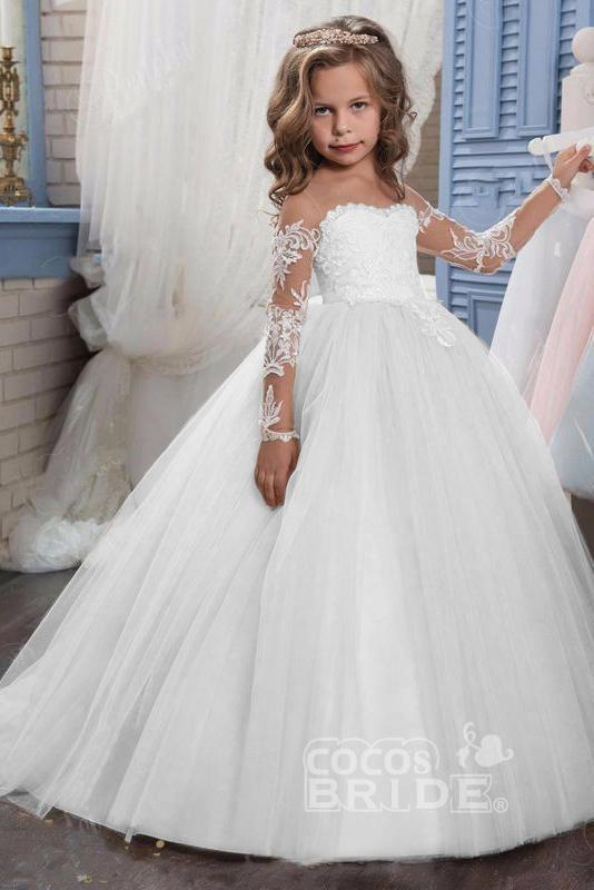 White Scoop Neck Long Sleeves Ball Gown Flower Girls Dress