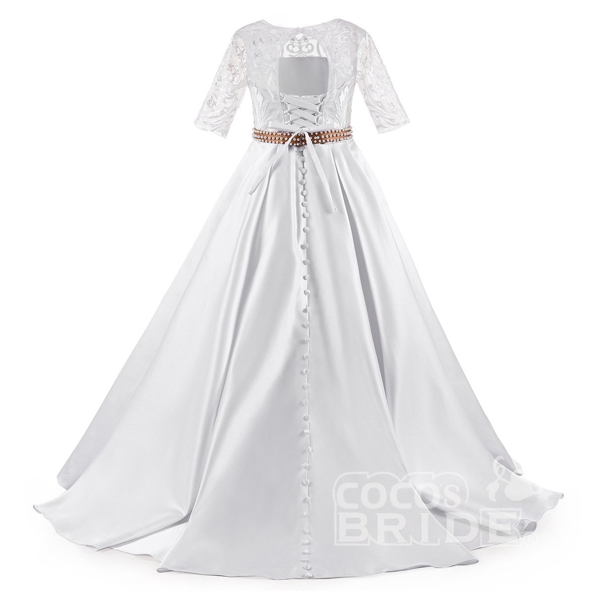 White Scoop Neck 1/2 Sleeves Trumpet Flower Girls Dress
