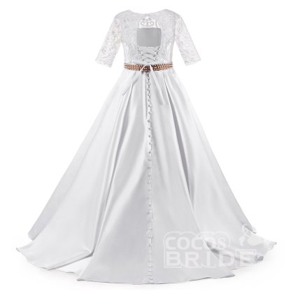 White Scoop Neck 1/2 Sleeves Trumpet Flower Girls Dress