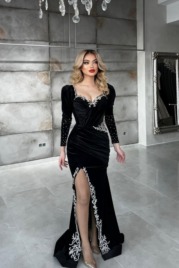 Black Long Sleeves Mermaid Sweetheart Prom Dresses with Slit