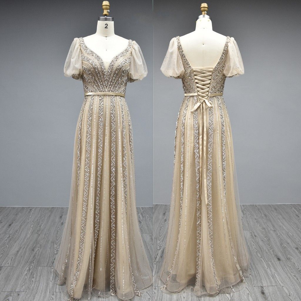 Elegant Long A-line V-neck Tulle Beading Formal Prom Dresses with Sleeves