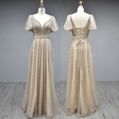 Elegant Long A-line V-neck Tulle Beading Formal Prom Dresses with Sleeves