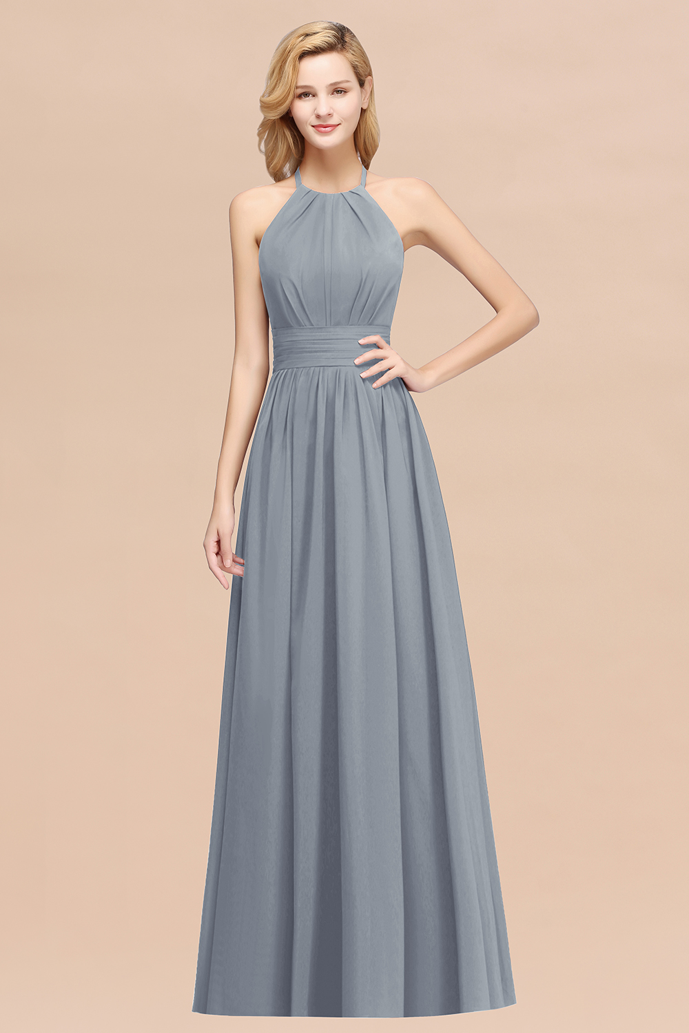 A-line Chiffon Appliques Halter Sleeveless Floor-Length Bridesmaid Dresses with Ruffles