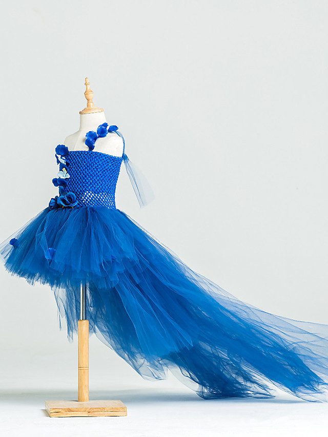 Ball Gown Asymmetrical Pageant Flower Girl Dresses - Tulle / Stretch Satin / Polyester Sleeveless One Shoulder With Flower