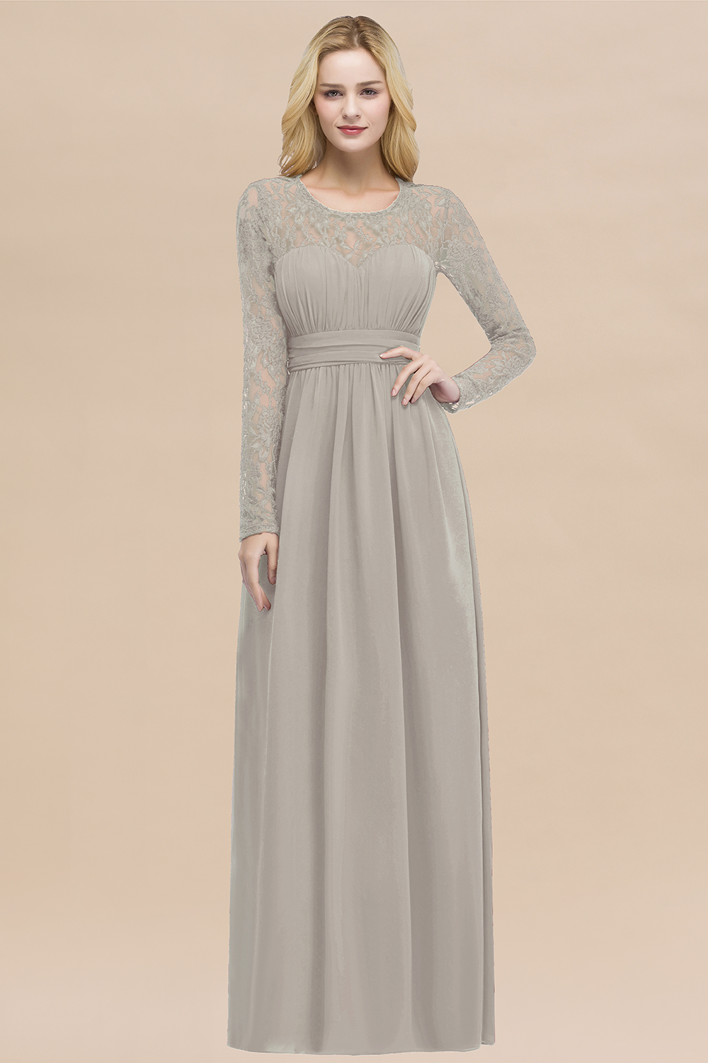 Elegant A-Line Chiffon Jewel Long Sleeves Bridesmaid Dress  COCOSBRIDE