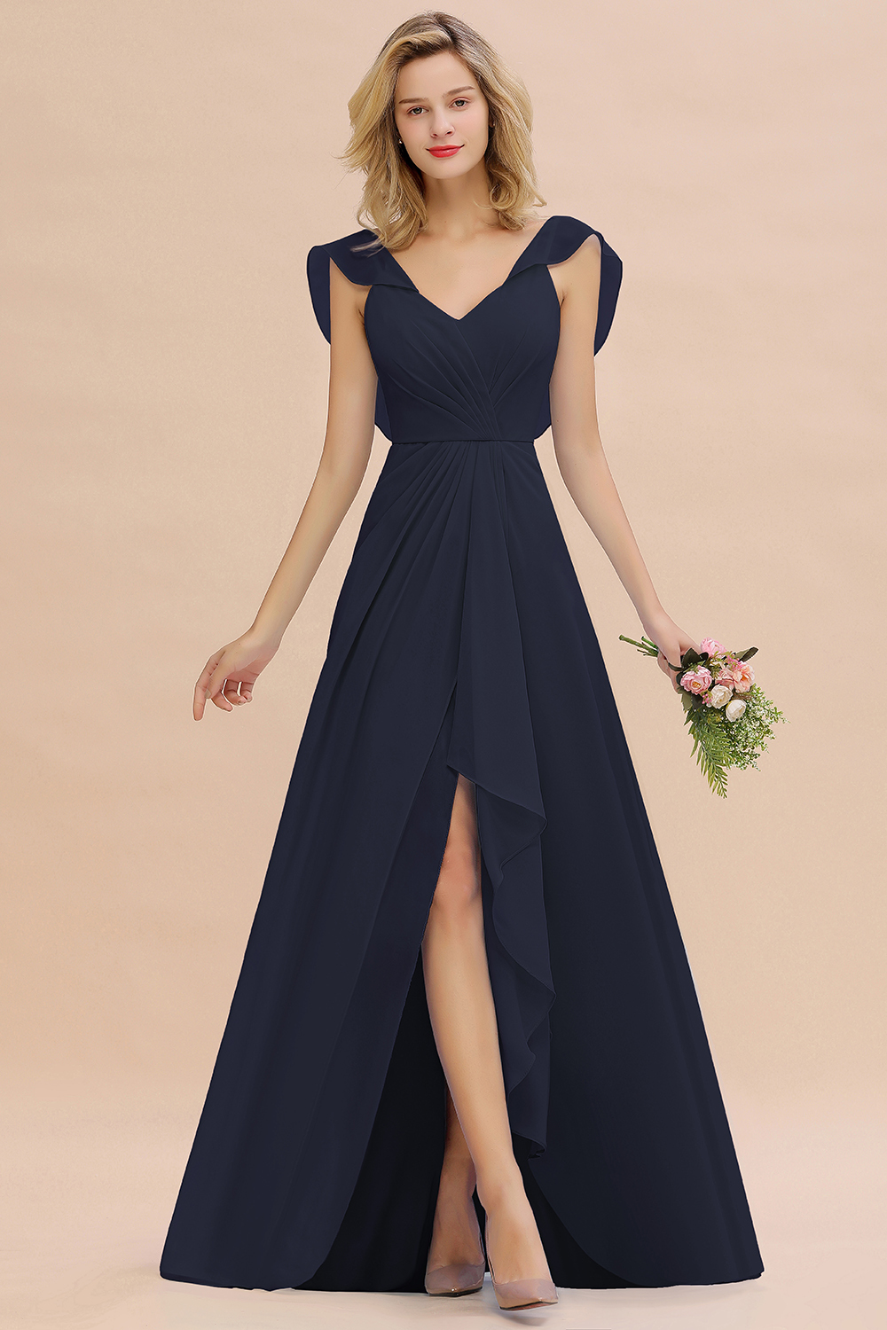 BM0777 Simple Hi-Lo V-Neck Ruffles Long Bridesmaid Dress