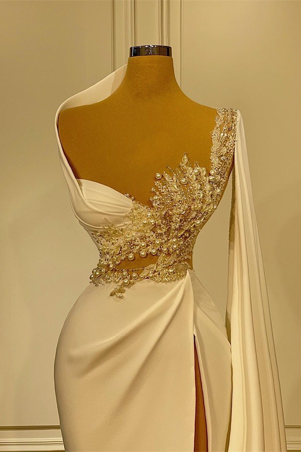 Elegant Long Mermaid Asymmetrical Ruffles Beading Satin Prom Dress With Slit