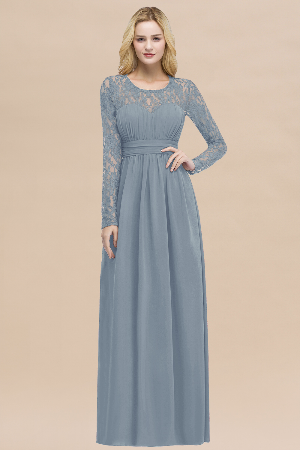 Elegant A-Line Chiffon Jewel Long Sleeves Ruffles Floor-Length Bridesmaid Dresses