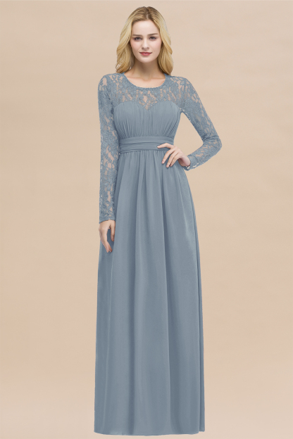 Elegant A-Line Chiffon Jewel Long Sleeves Ruffles Floor-Length Bridesmaid Dresses