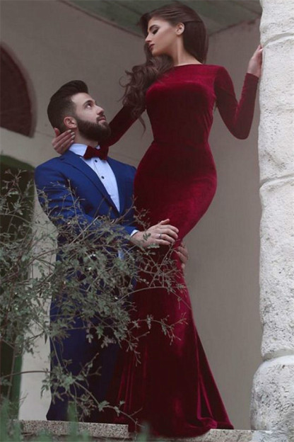 Burgundy Long Mermaid Backless Velvet Formal Evening Dress with Sleeves