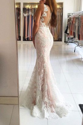 Elegant V-neck Wide Straps Lace Floor-length Mermaid Prom Dress