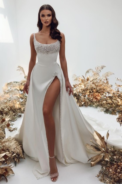 Modest Long Mermaid Satin Beading Wedding Dresses with Slit