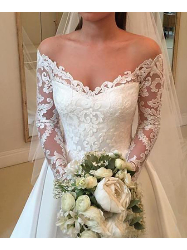 Long Off the Shoulder A-Line Satin Lace Wedding Dresses with Sleeves