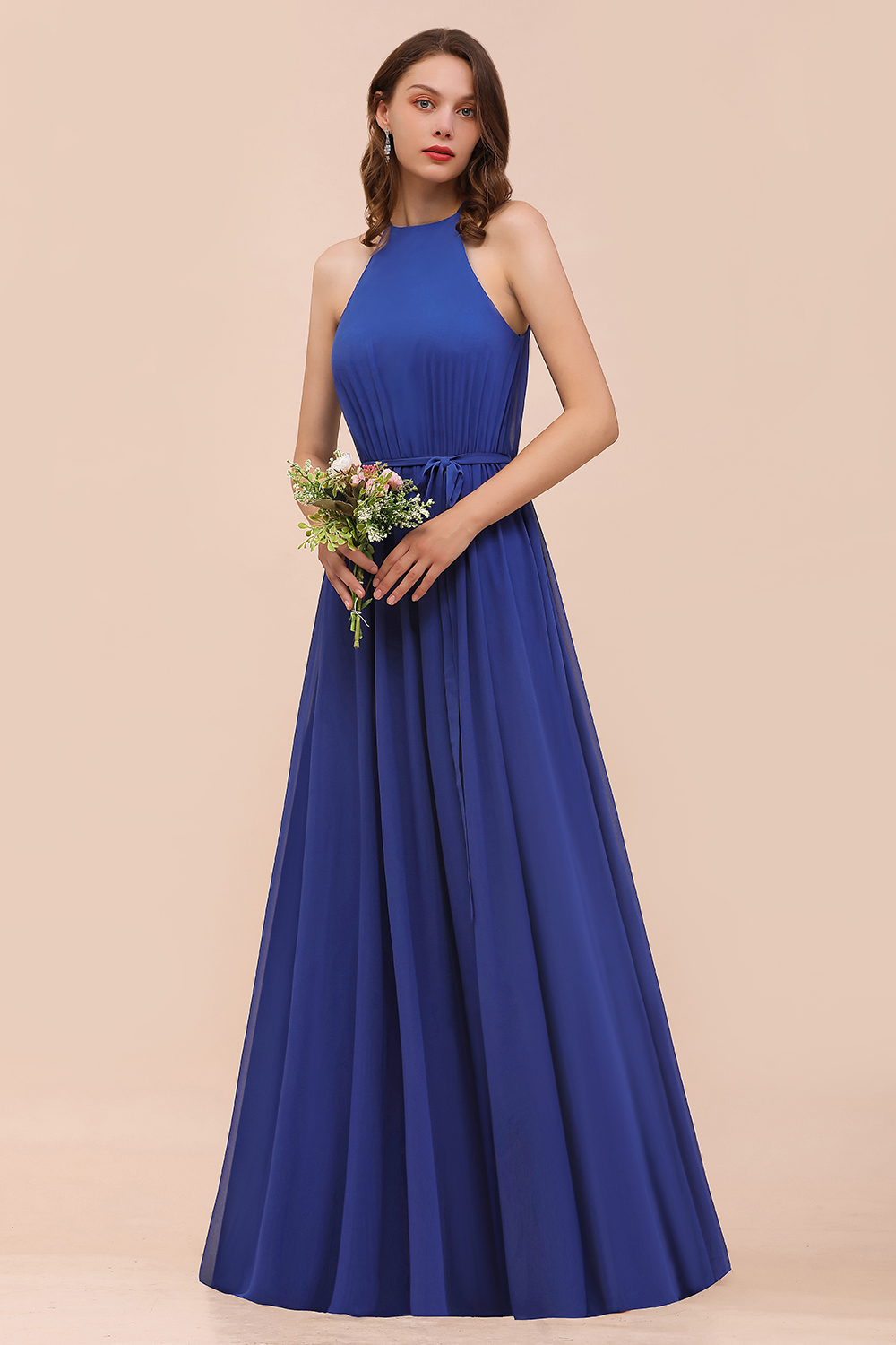 Royal Blue Halter Bridesmaid Dress A-Line Chiffon Floor-length Wedding Guest Dres