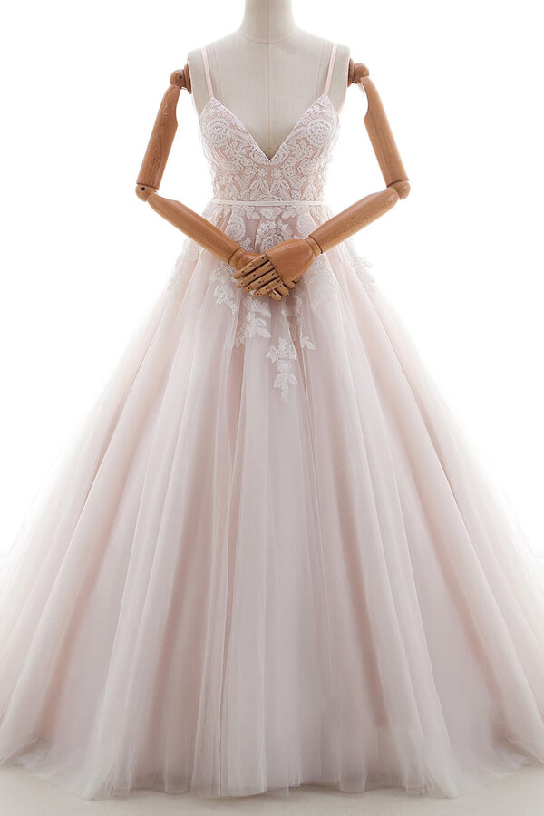 Long V-neck Appliques Lace Spaghetti Strap A-line Wedding Dress