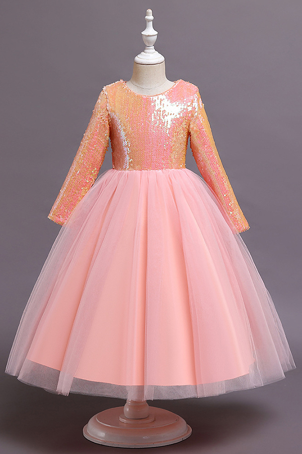 FS9969 Long Sleeve Sequins Tea Length Flower Girl Dress