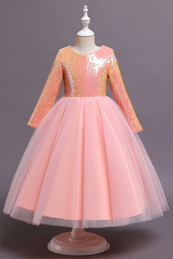 FS9969 Long Sleeve Sequins Tea Length Flower Girl Dress