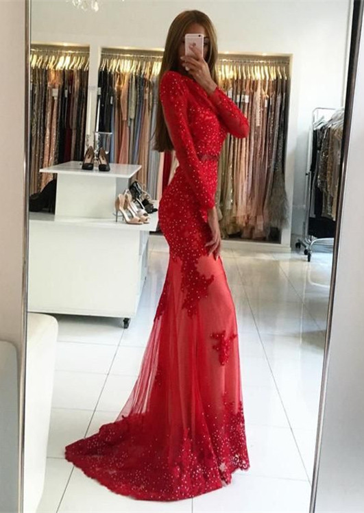 Elegant Long Sleeves Floor-length Mermaid Prom Dress With Appliques Lace