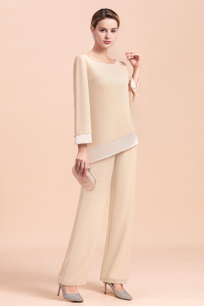 Chic Champagne Chiffon Long Sleeve Mother of Bride Jumpsuit