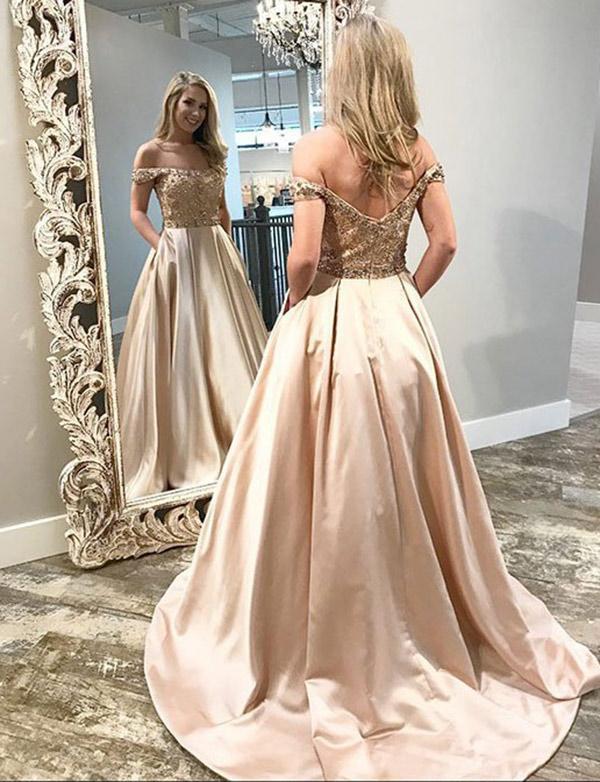 Elegant A-Line Beading Off-the-Shoulder Pocket Floor-Length Prom Dress